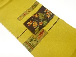 縮緬地変わり横段に野菜・花葉模様刺繍名古屋帯
